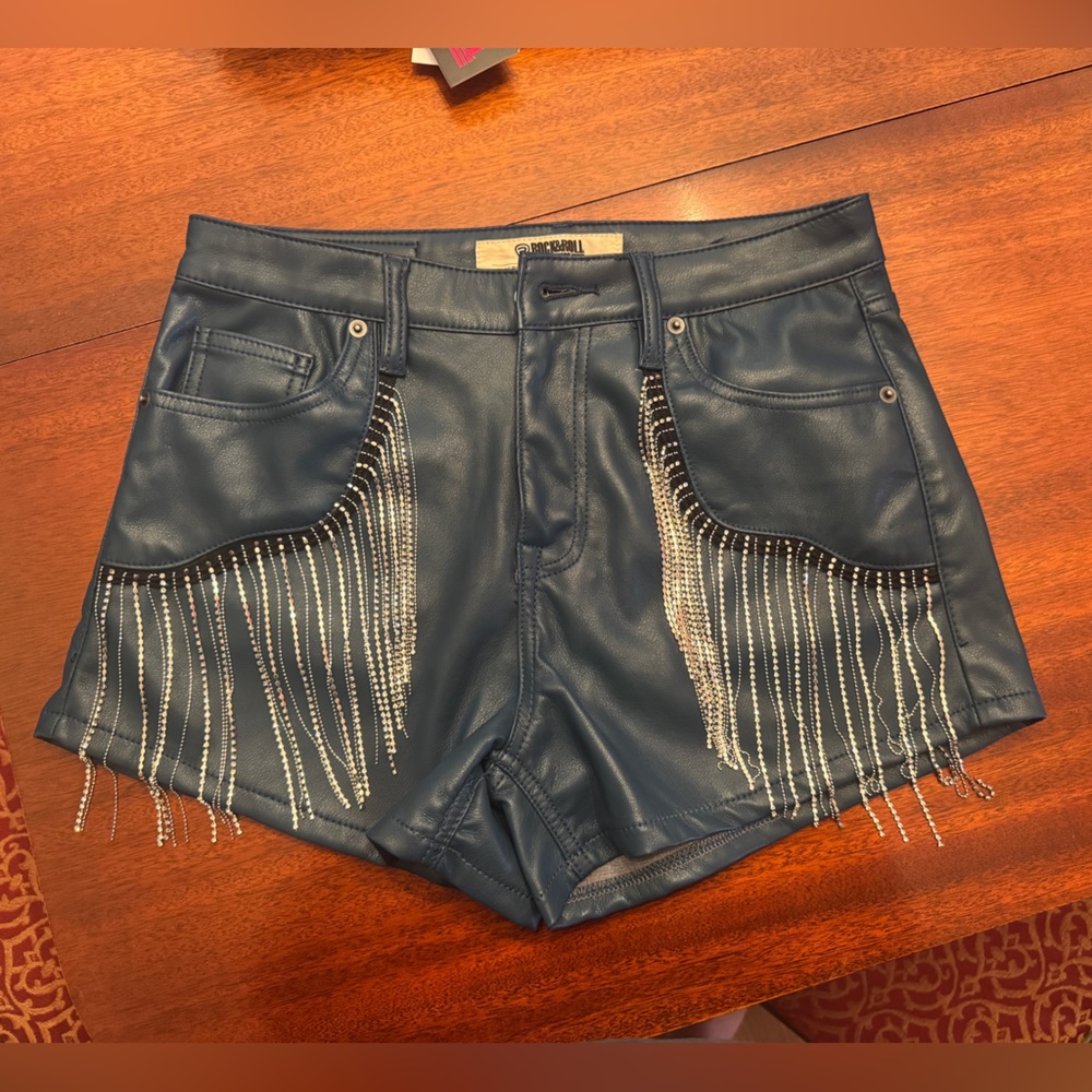 Blue Leather Shorts with Fringe Detail